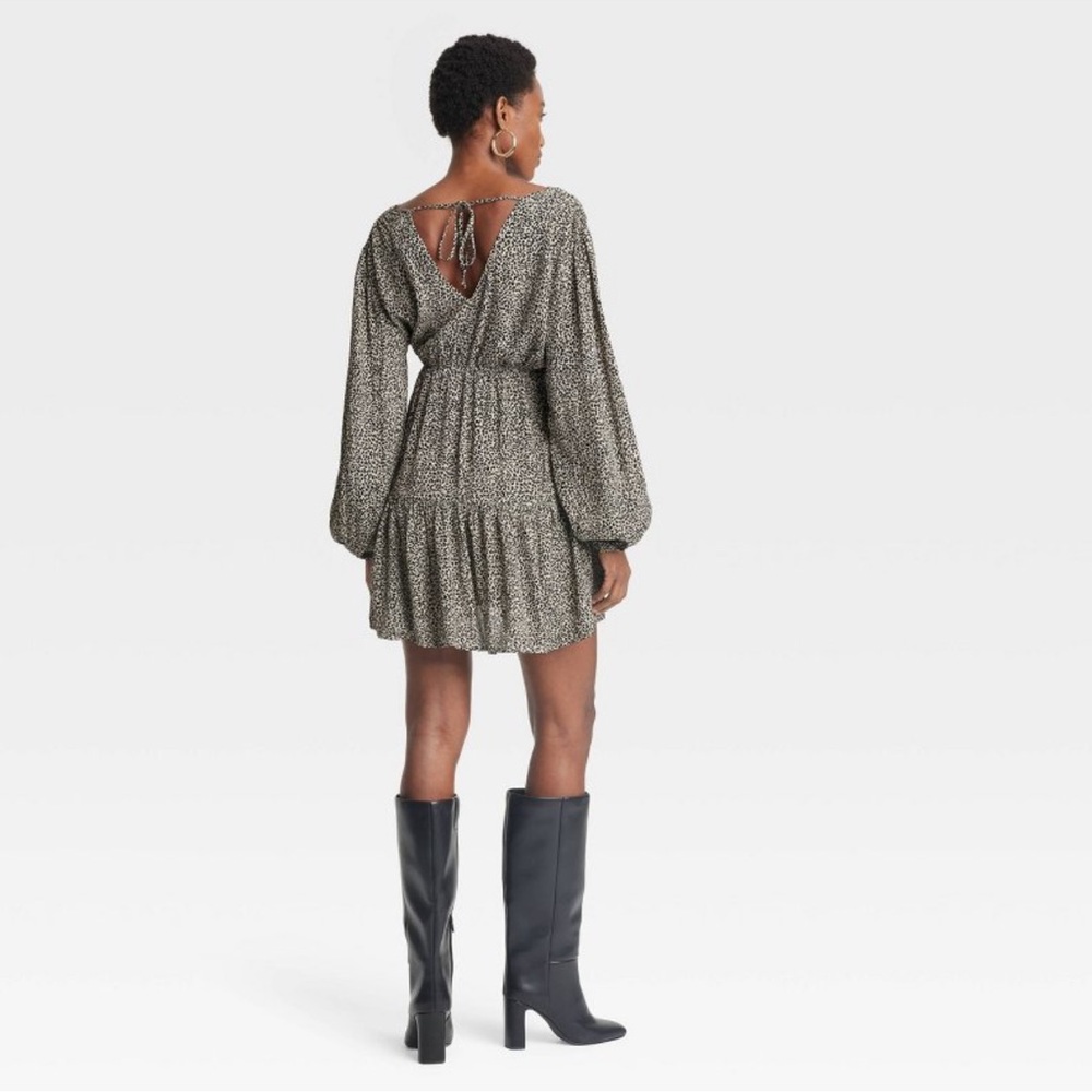 Women's Balloon Long Sleeve Dropped Waist Mini A-Line Dress - A New Day L - Picture 3 of 3